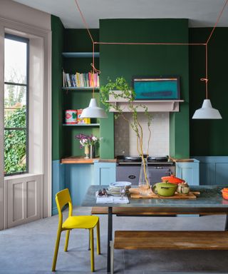 kitchen with painted green walls and pale blue cabinets